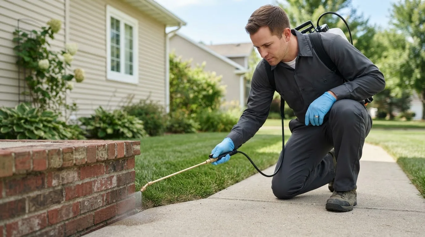 Pest control technician treating a home near Ikes Fork, WV